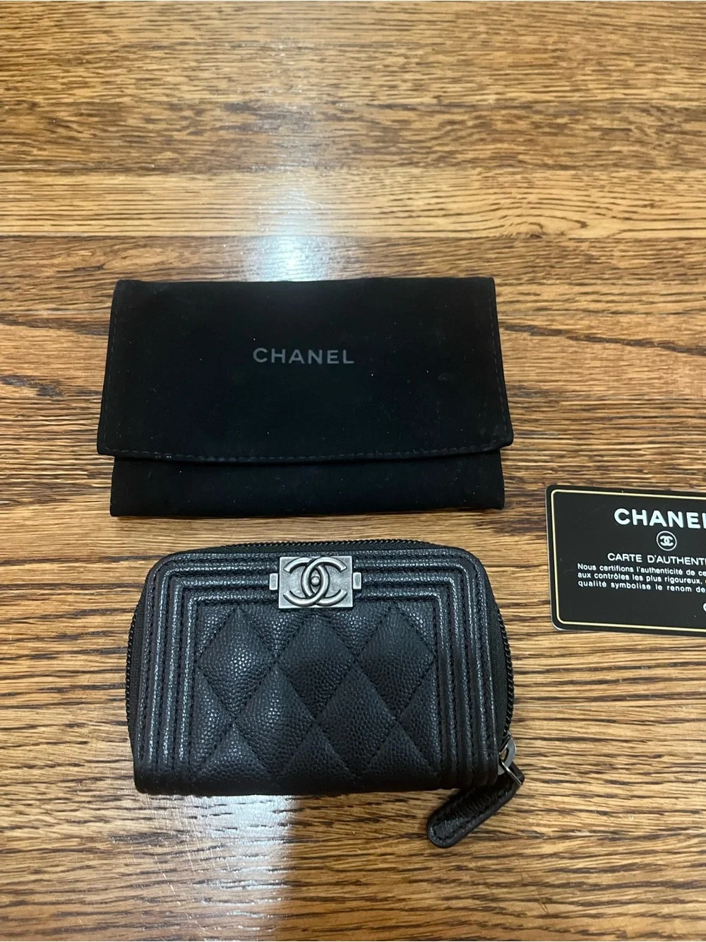 CHANEL Black Quilted Caviar Leather Zip Wallet with Silver CC